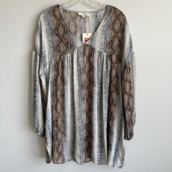 NWT Entro Python Print Babydoll Mini Dress Puff Sleeves Boho Chic Size Large - Picture 1 of 13